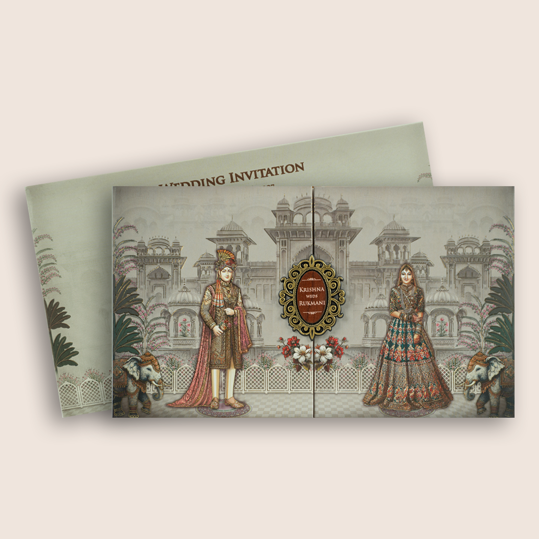 Grey Royal Bride Groom Door Style Padded Wedding Card - KJTS1919