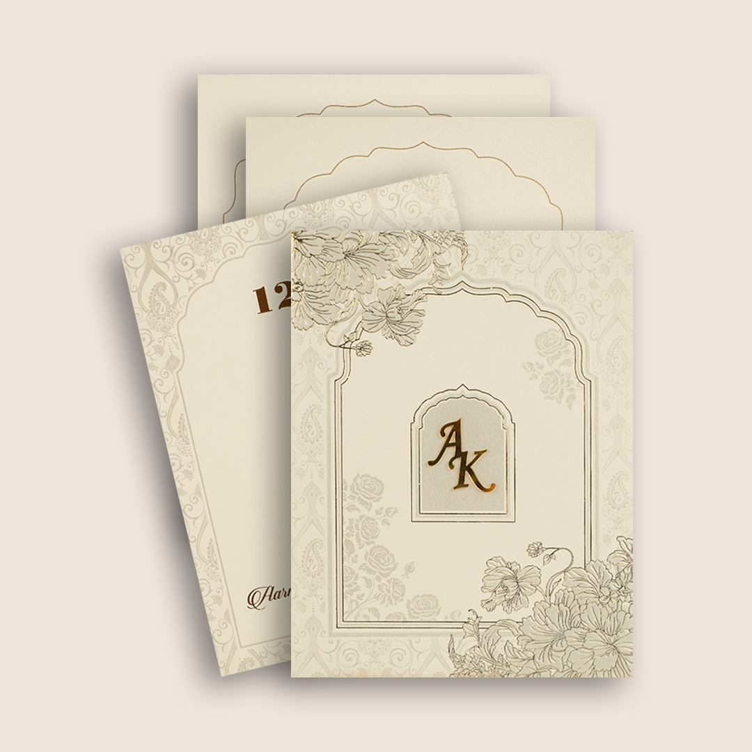 Beige Embossed Floral Padded Wedding Card - KPR010210