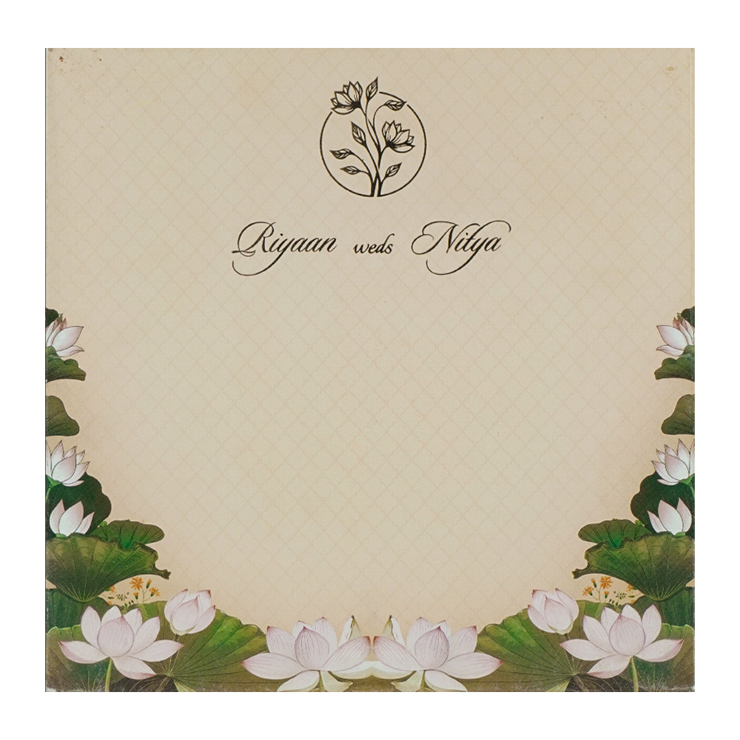 Cream Padded Lotus Wedding Card-KRC31150