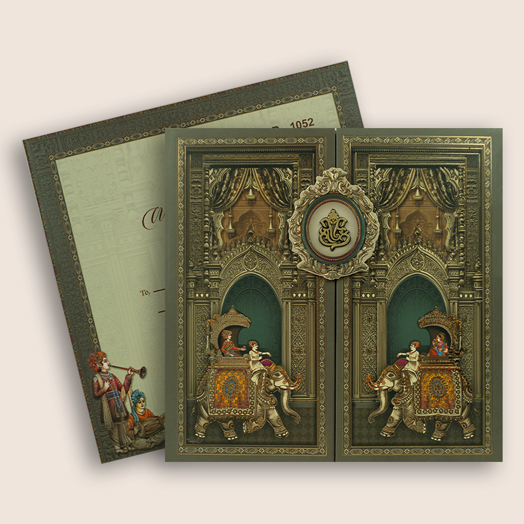 Grey Palace Elephant Door Style Padded Wedding Invitation - KRB10520