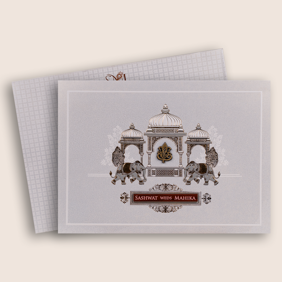 White Royal Elephant Mandap Wedding Invitation Card - KRE29440