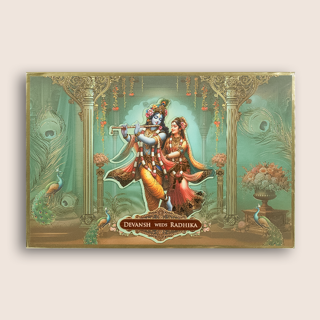 Teal Blue  Radha Krishna Padded Wedding Invitation - KSH18060