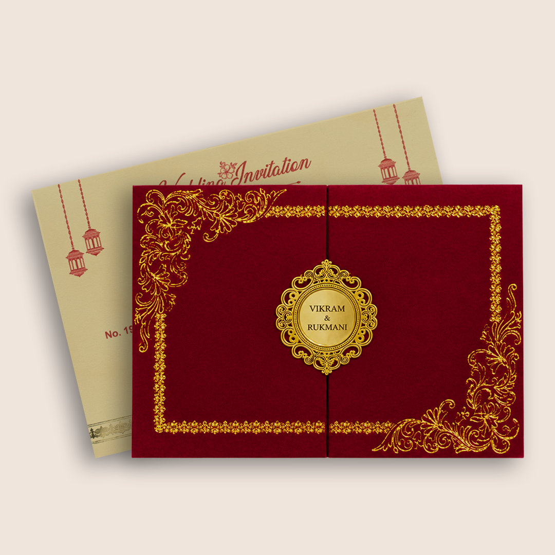 Red Velvet Floral Door Style Padded Invitation Card - KJTS1950