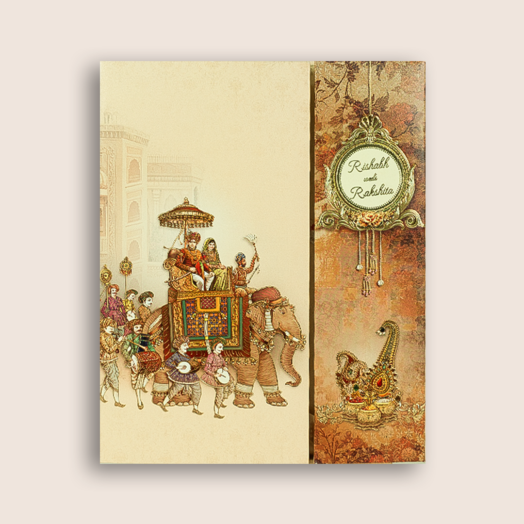 Brown Royal Baraat Padded Door Style Wedding Card - KAA05620