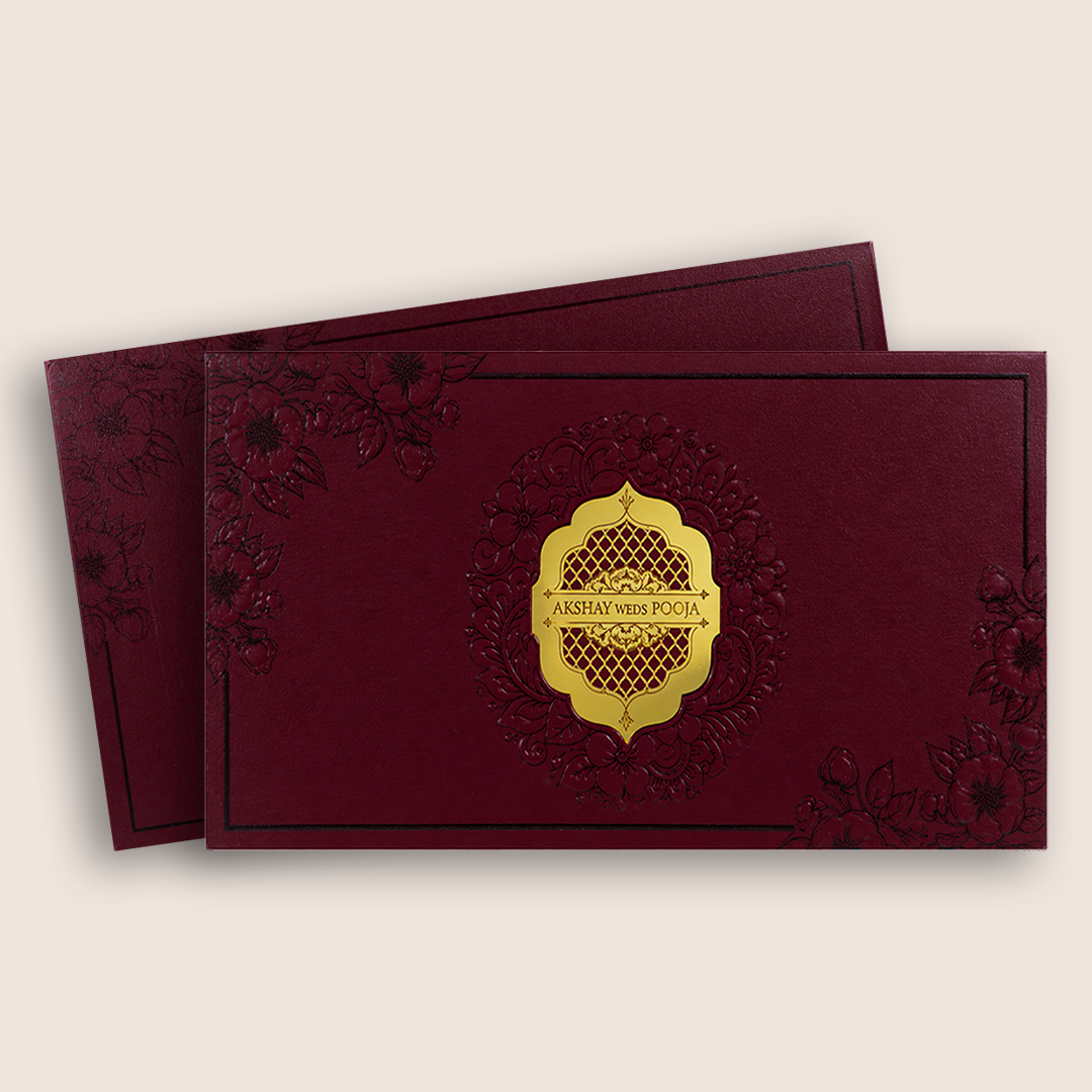Dark Pink Embossed Floral Padded Wedding Card - KPR024570