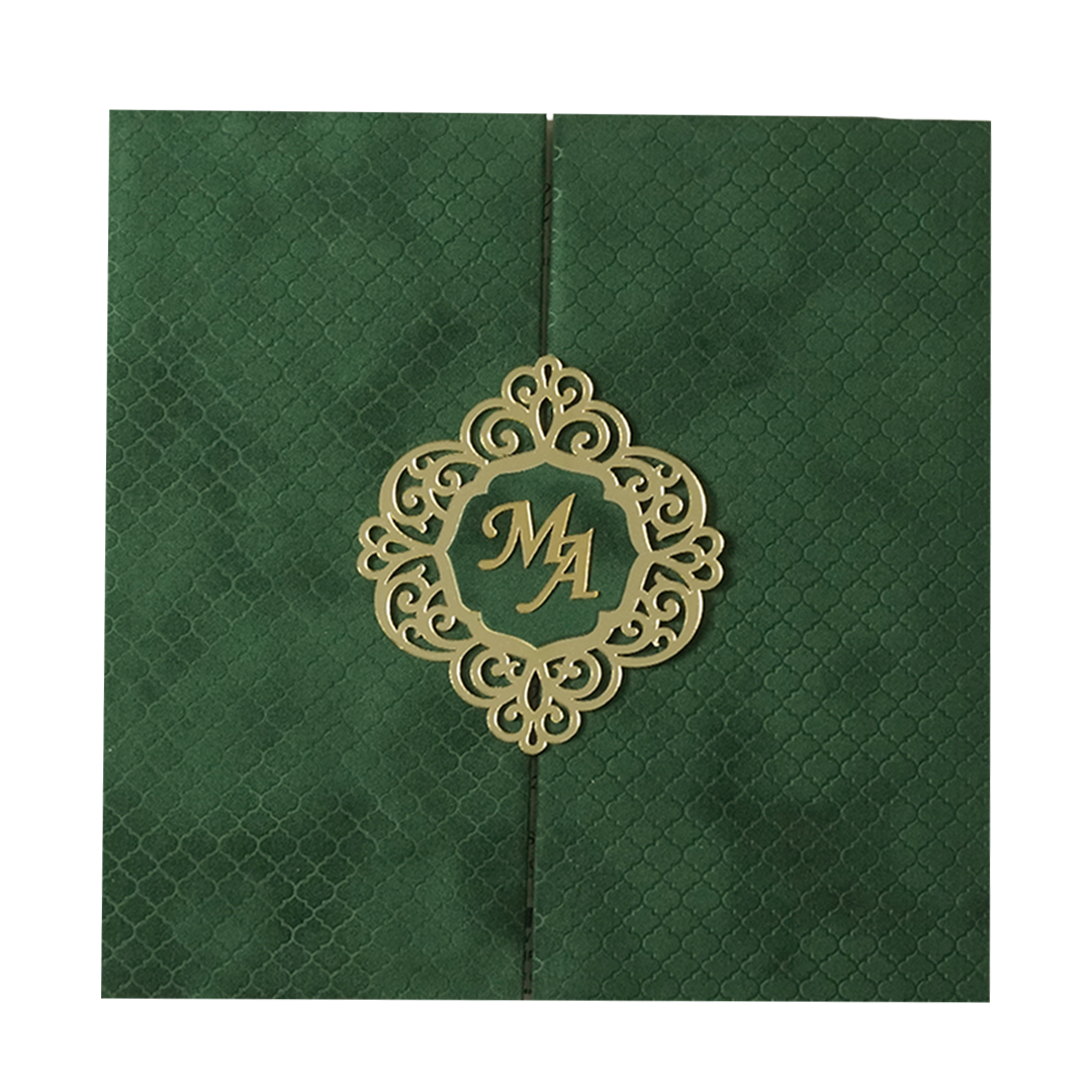 Green Floral Gatefold Padded Wedding Card-KMMWD1163