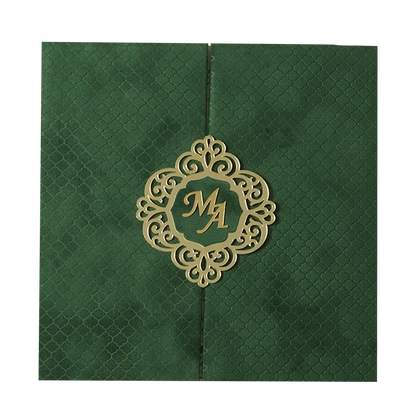 Green Floral Gatefold Padded Wedding Card-KMMWD1163
