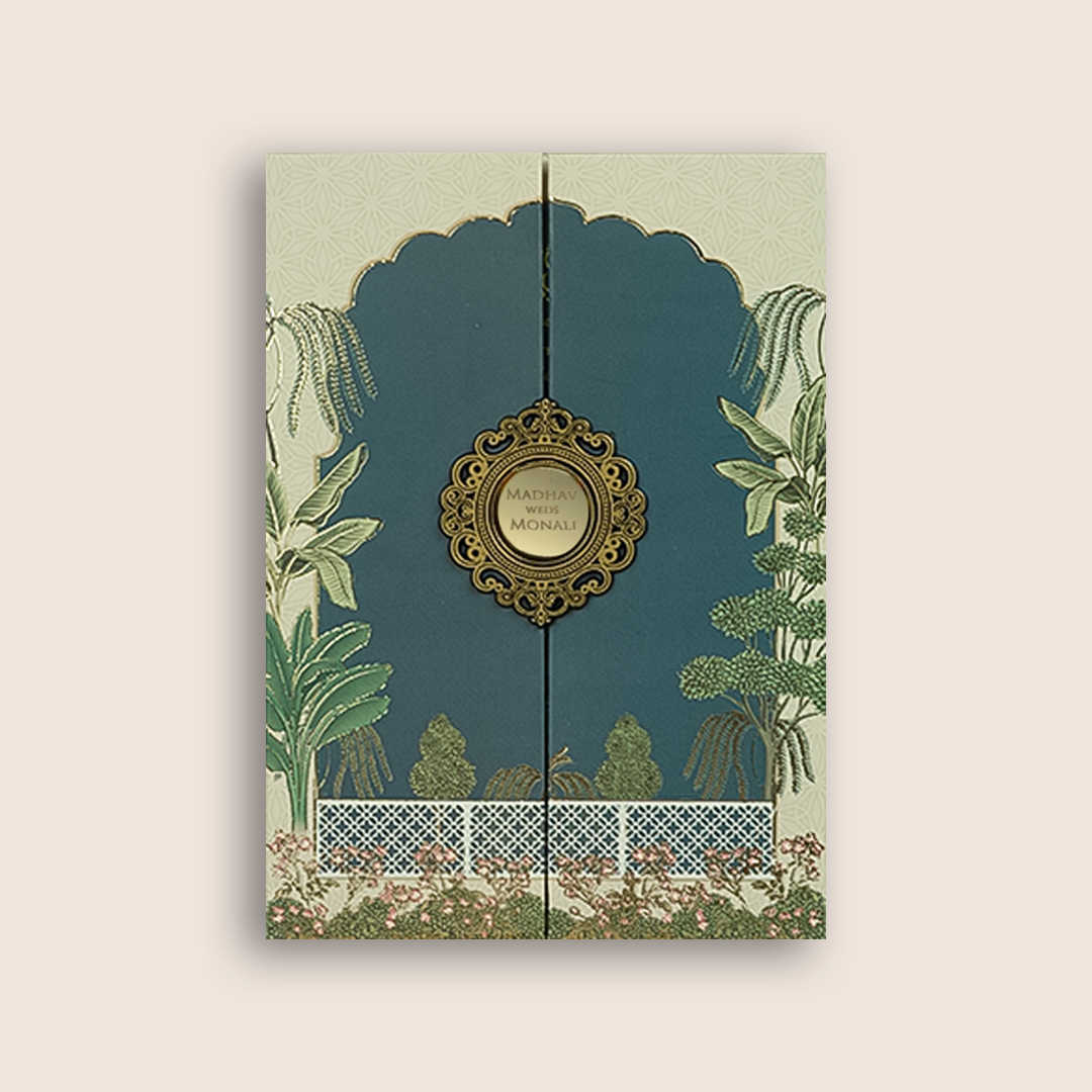 Navy Blue Floral Door  Style Padded Invitation Card - KJTS3676