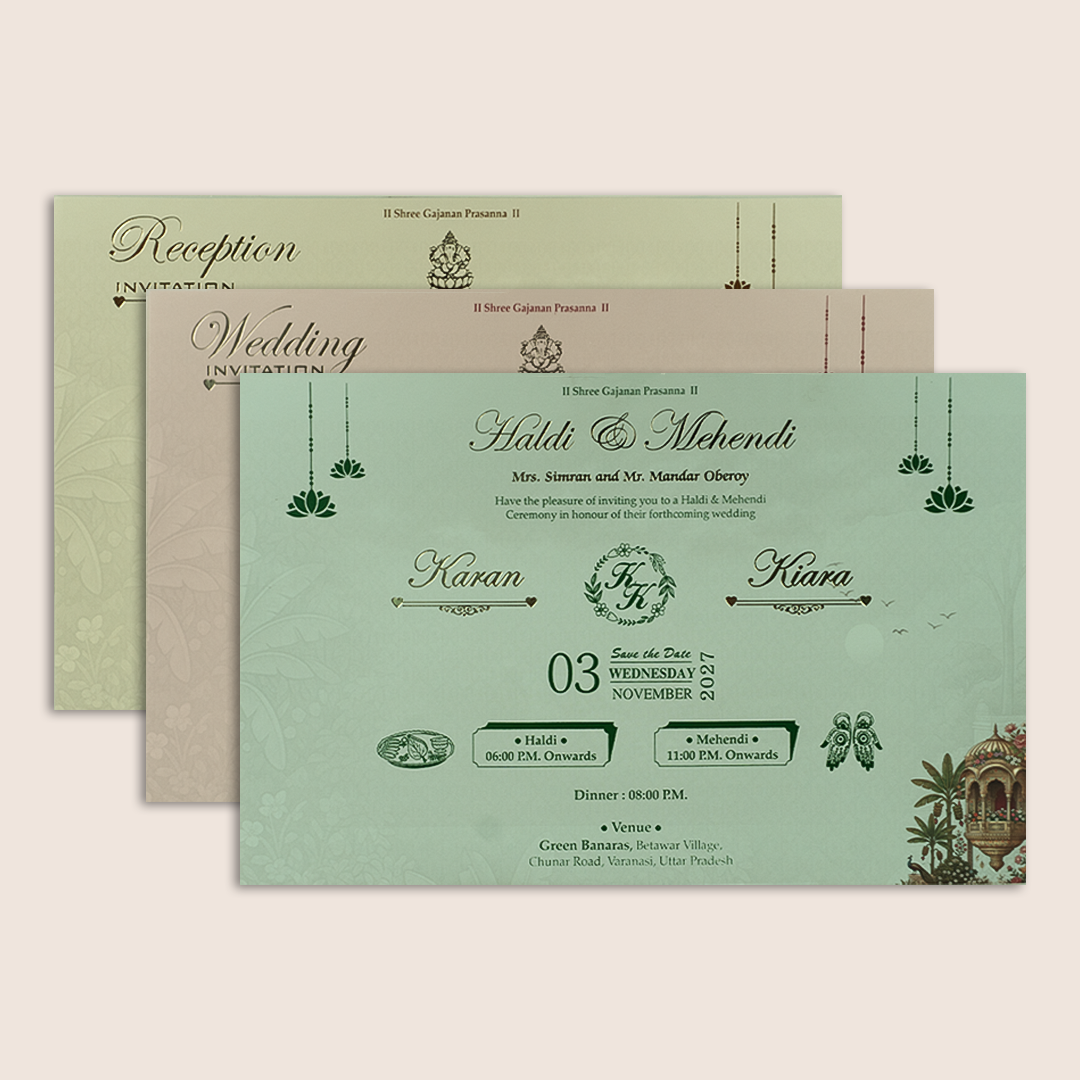 Beige Embossed Royal Baraat Door Padded Marriage Card - KSH18140