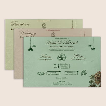 Beige Embossed Royal Baraat Door Padded Marriage Card - KSH18140