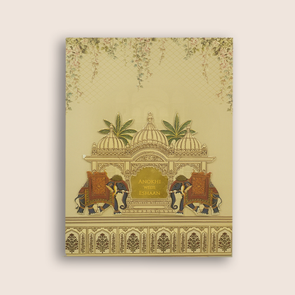 Beige Jharokha Elephant Padded Marriage Card - KJTS3685