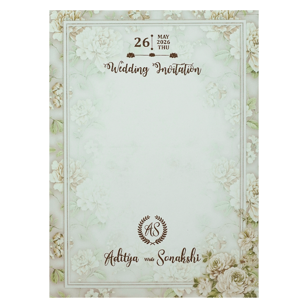 Green Floral Gold Frame Padded Wedding Card-KRE27240