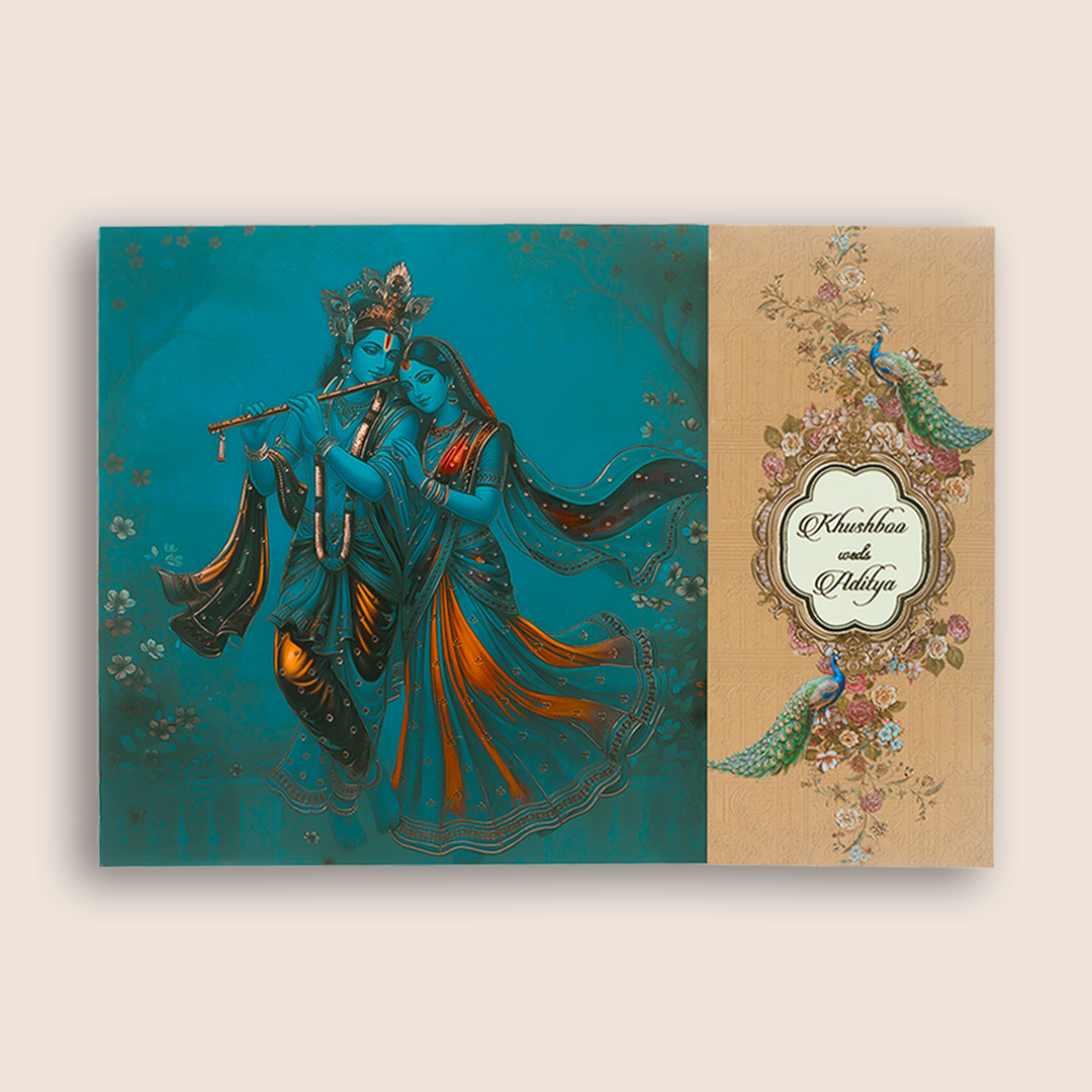 Blue Padded Radha Krishna Door Style Wedding Card - KAA06030