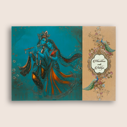 Blue Padded Radha Krishna Door Style Wedding Card - KAA06030
