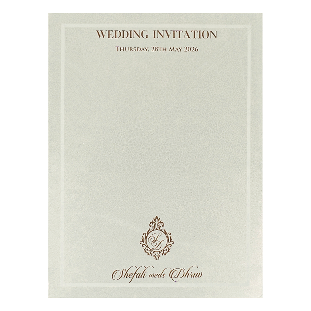 White Monogram Ganesha Embossed Wedding card-KRE28440