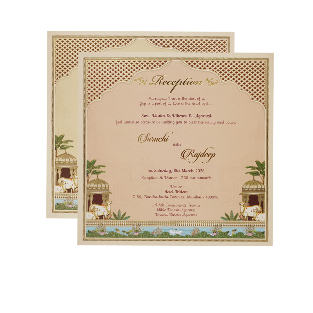 Palace Cream &amp; Blue Padded Wedding Card-KMMEX8070