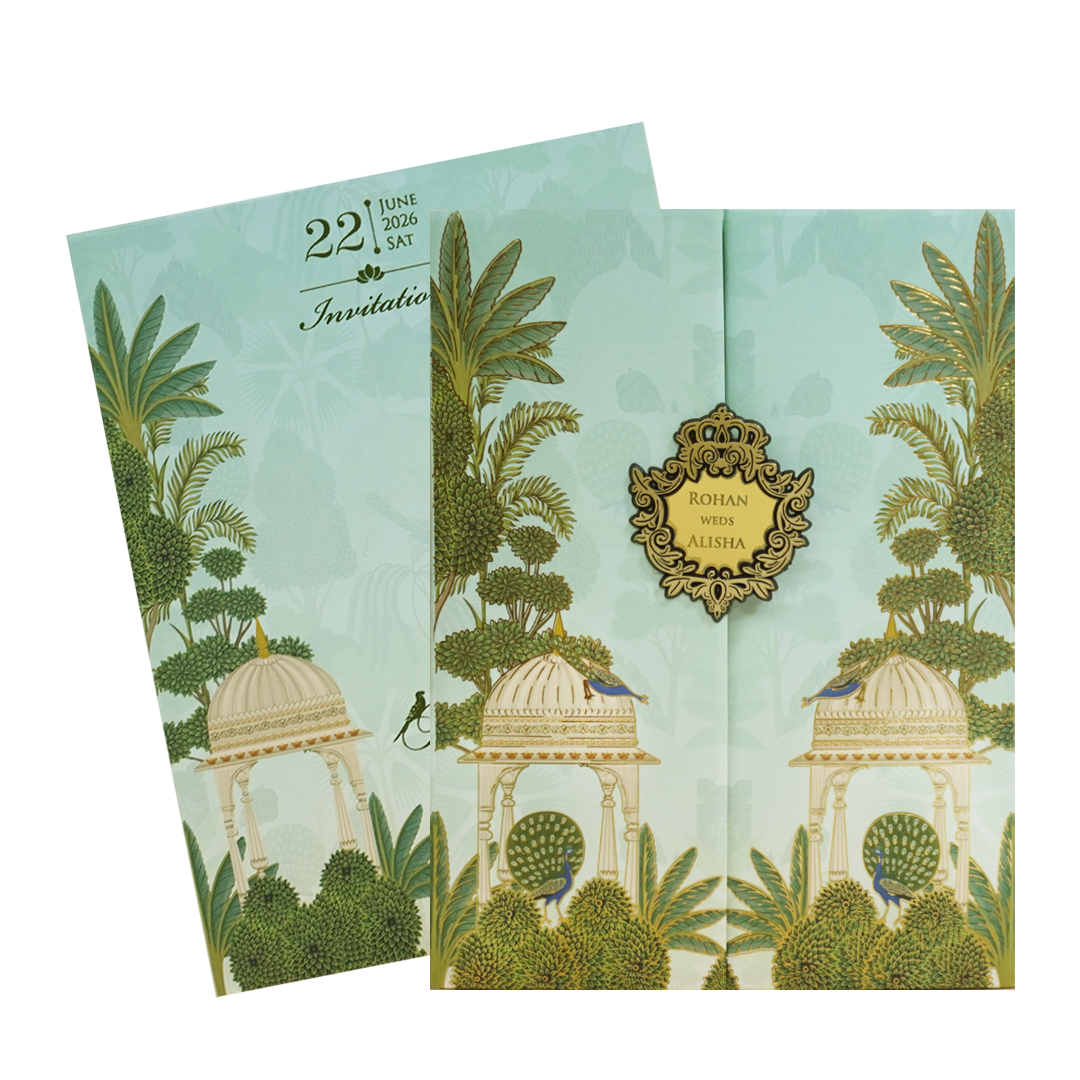 Green Floral Arch Padded Wedding Card - KFR16420