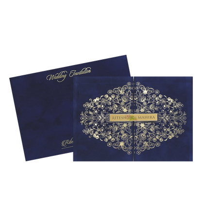 Royal Blue Gold Floral Padded Wedding Card - KMMWD1152