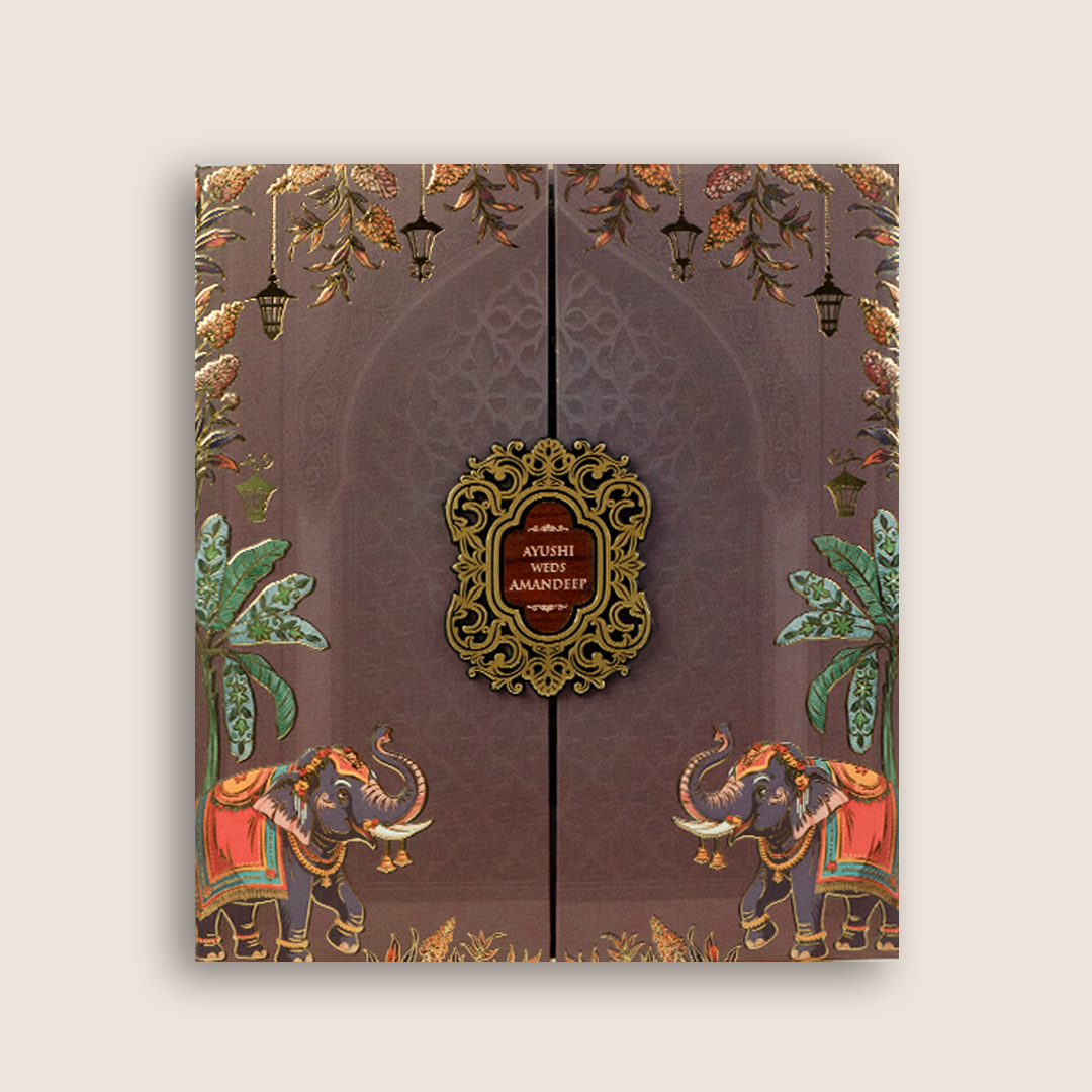 Brown Padded Elephant Door Style Wedding Card - KVN07980