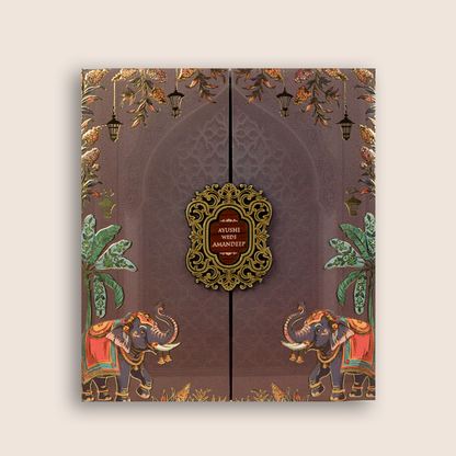 Brown Padded Elephant Door Style Wedding Card - KVN07980