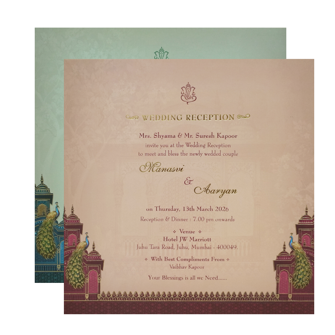 Royal Blue Gold Palace Peacock Padded Wedding Card - KMMEX8020