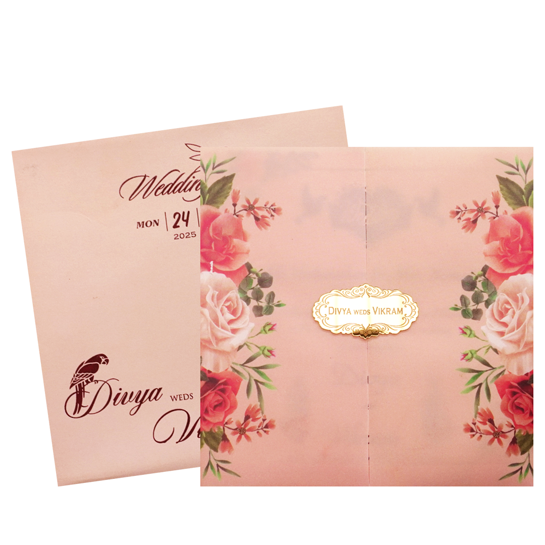 Peach Rose Floral Door Wedding Card-KNCY001S