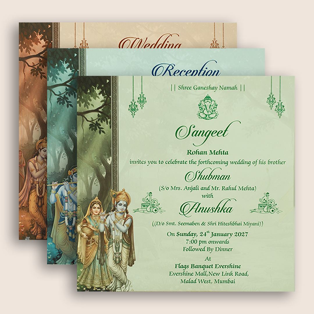 Green Lord Radha Krishna Padded Wedding Invitation - KRB10530