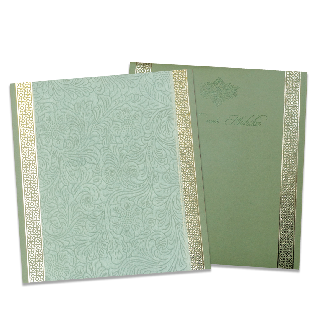 Green Gold Embossed Floral Wedding Card - KRCS8281