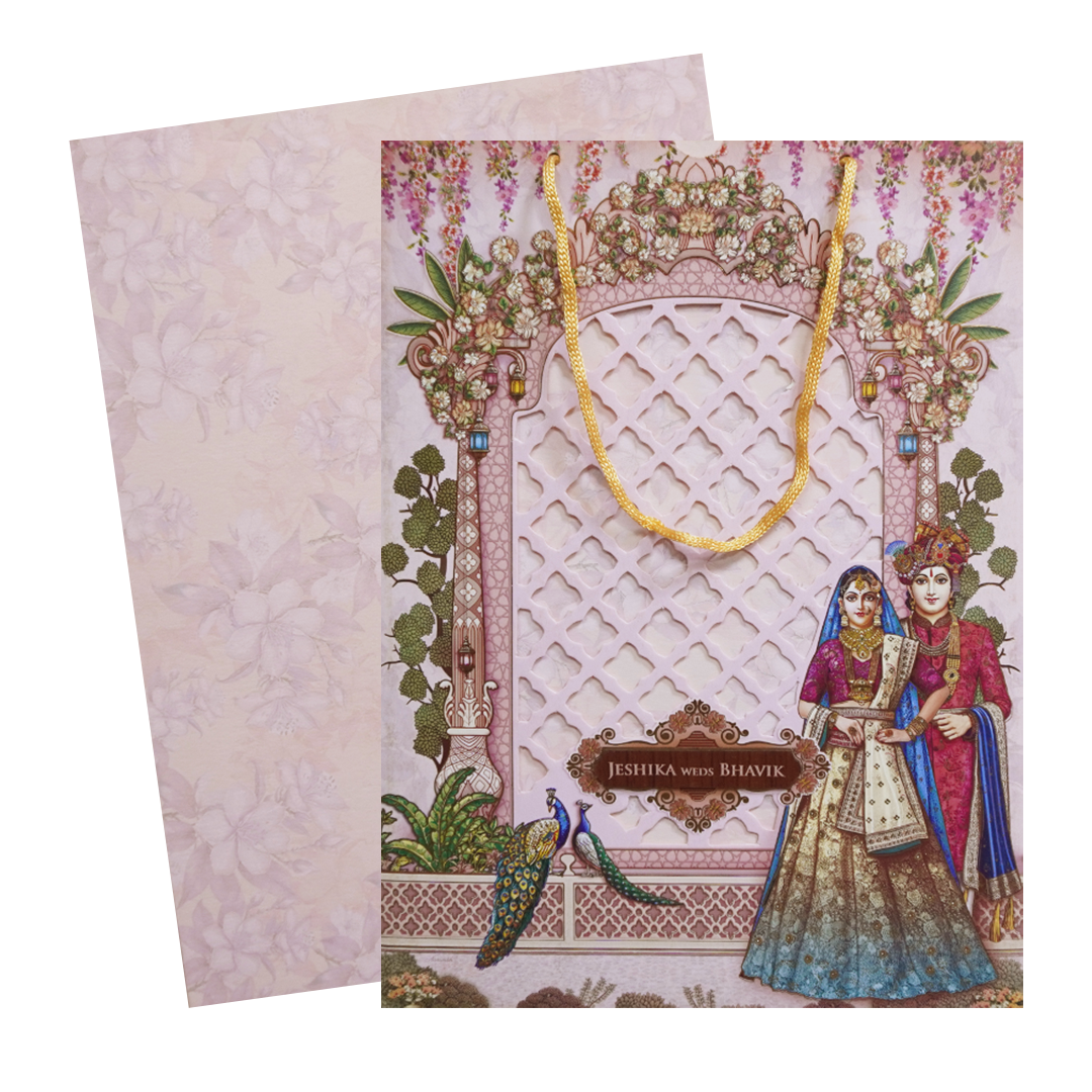 Royal Pink Couple Peacock Bag Wedding Card - KSH73180