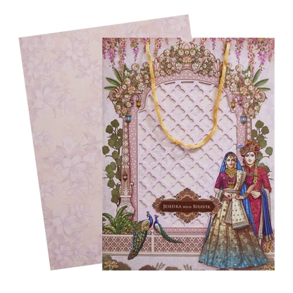 Royal Pink Couple Peacock Bag Wedding Card - KSH73180