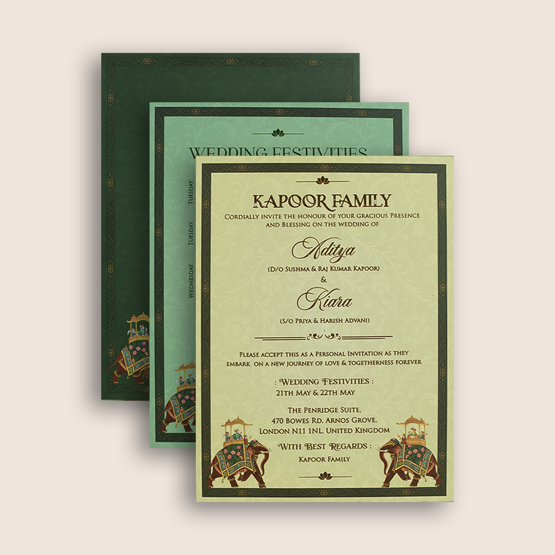 Green Royal Elephant Laser cut Padded Wedding Card - KFR17470