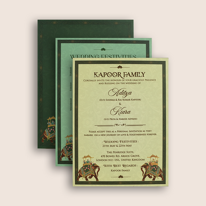 Green Royal Elephant Laser cut Padded Wedding Card - KFR17470