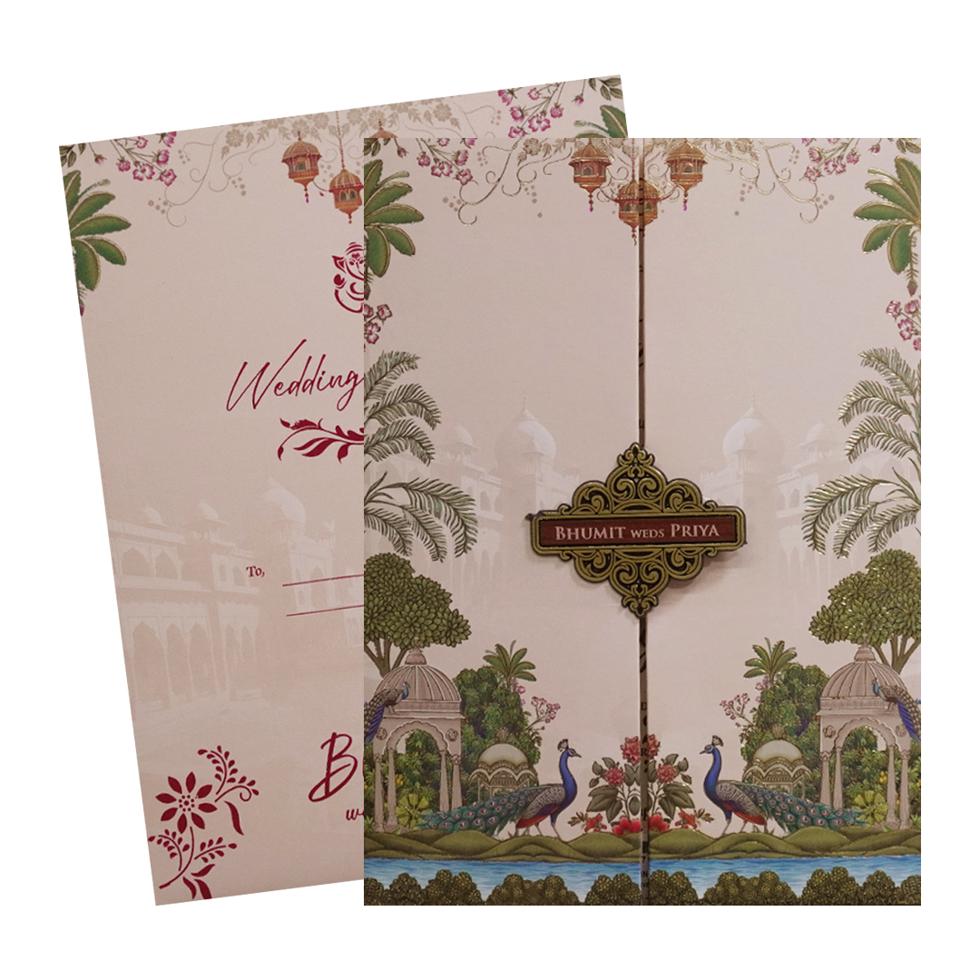 Pink Peacock Palace Padded Wedding Card- KSH72590