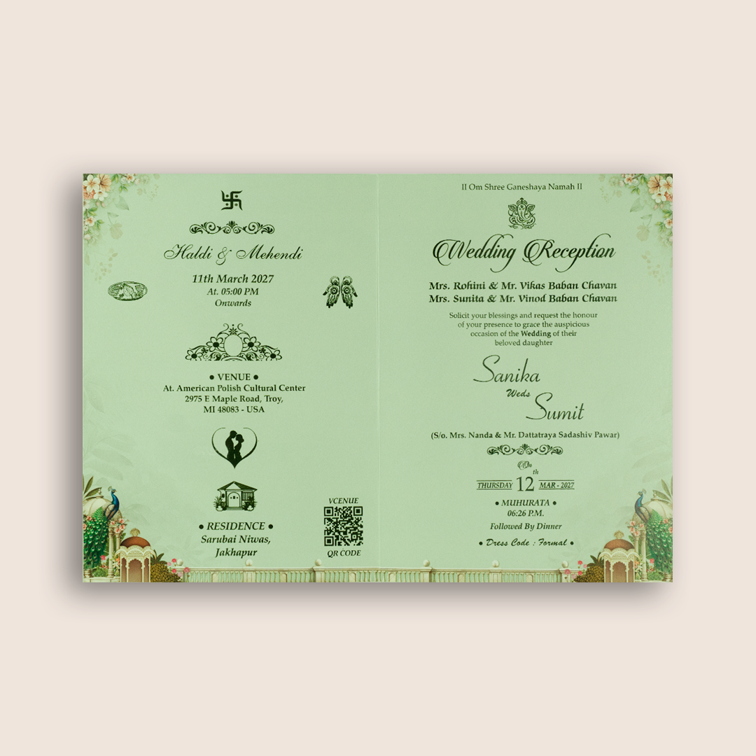 Pastel Green Peacock Door Style Wedding Card - KSH27130