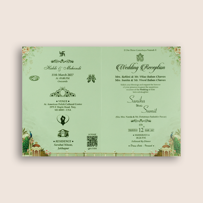 Pastel Green Peacock Door Style Wedding Card - KSH27130