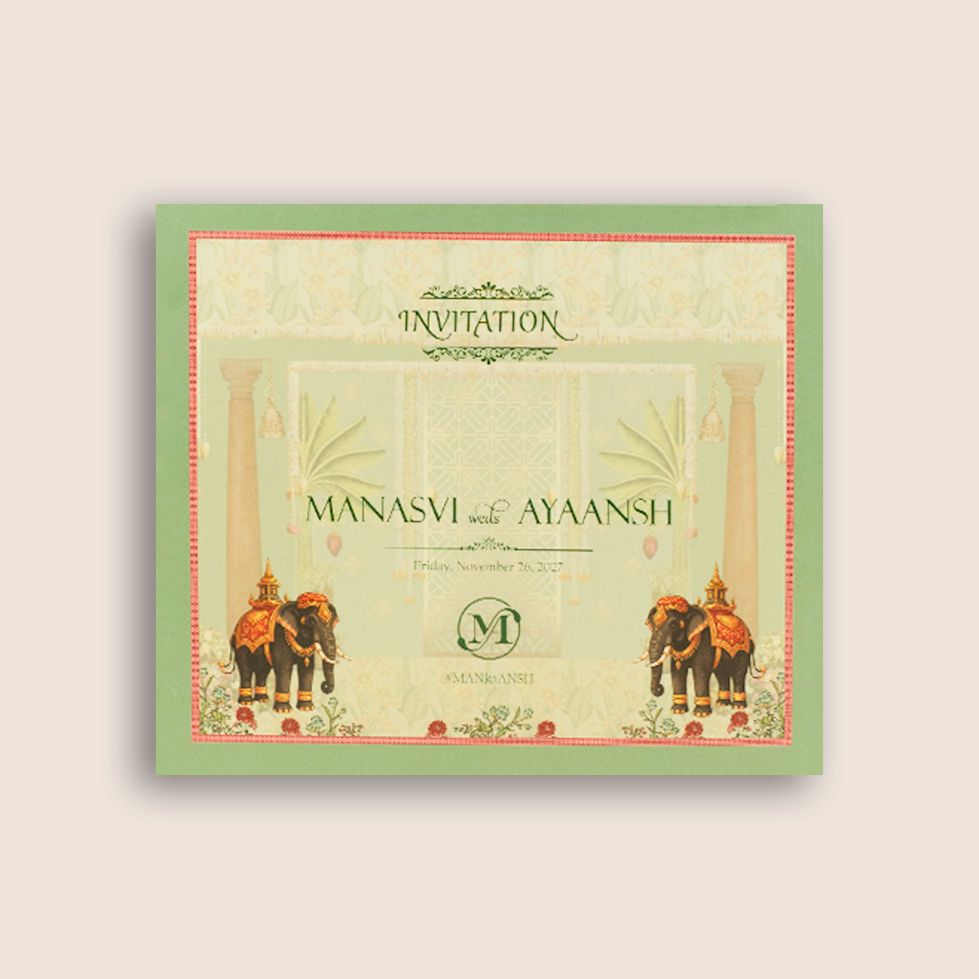 Green Padded Elephant Laser Cut Wedding Card - KVN08090