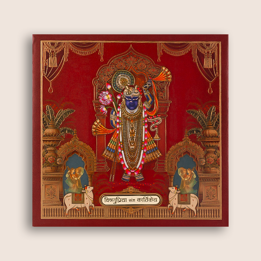 Maroon Padded Lord Shrinathji Luxury Wedding Card - KAA06310