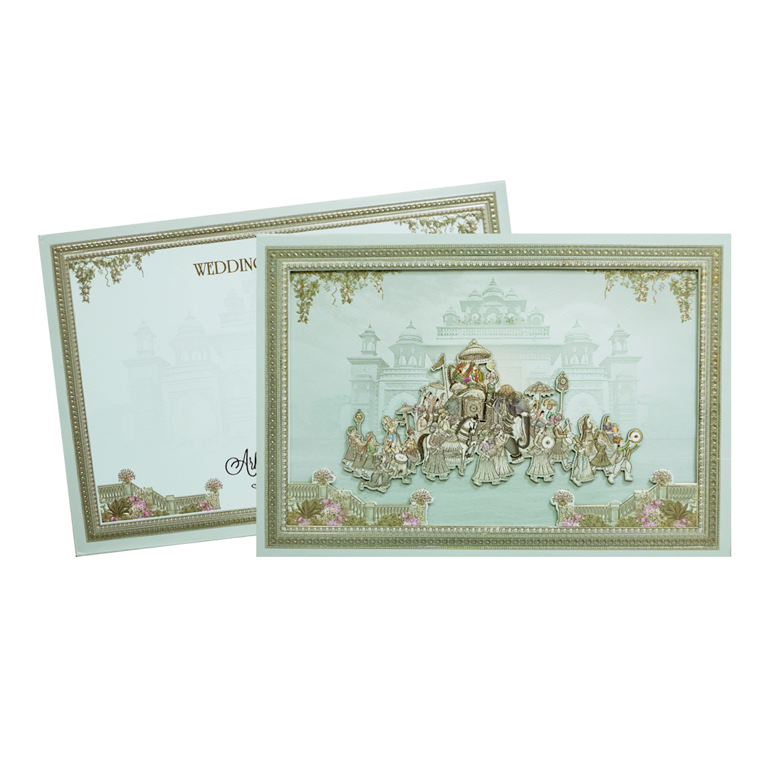 Green Laser Cut Padded Royal Procession Wedding Card - KMMEX8140