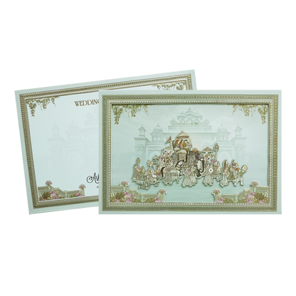 Green Laser Cut Padded Royal Procession Wedding Card - KMMEX8140