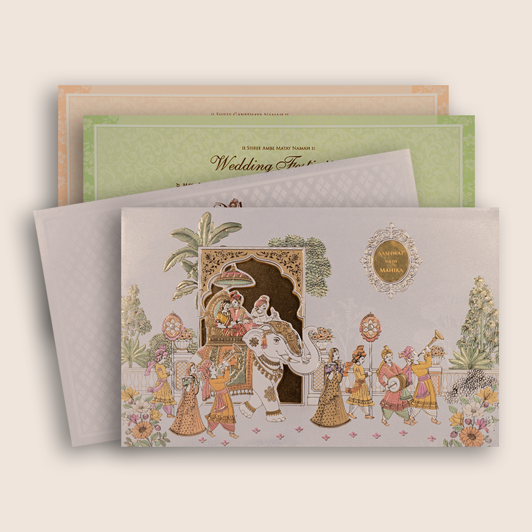 White Royal Baraat Padded Wedding Invitation Card - KRE29300