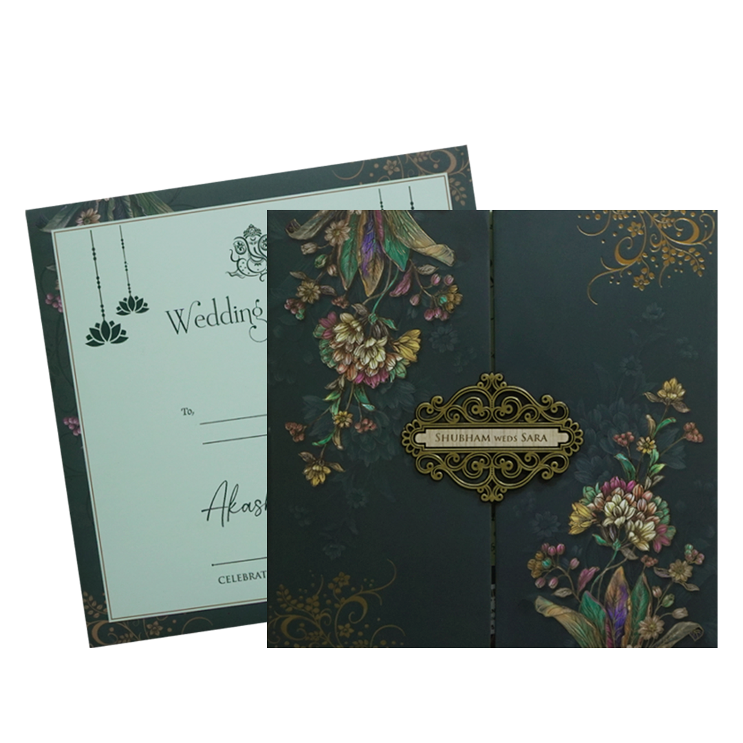Green Floral Padded Wedding Card - KSH72810