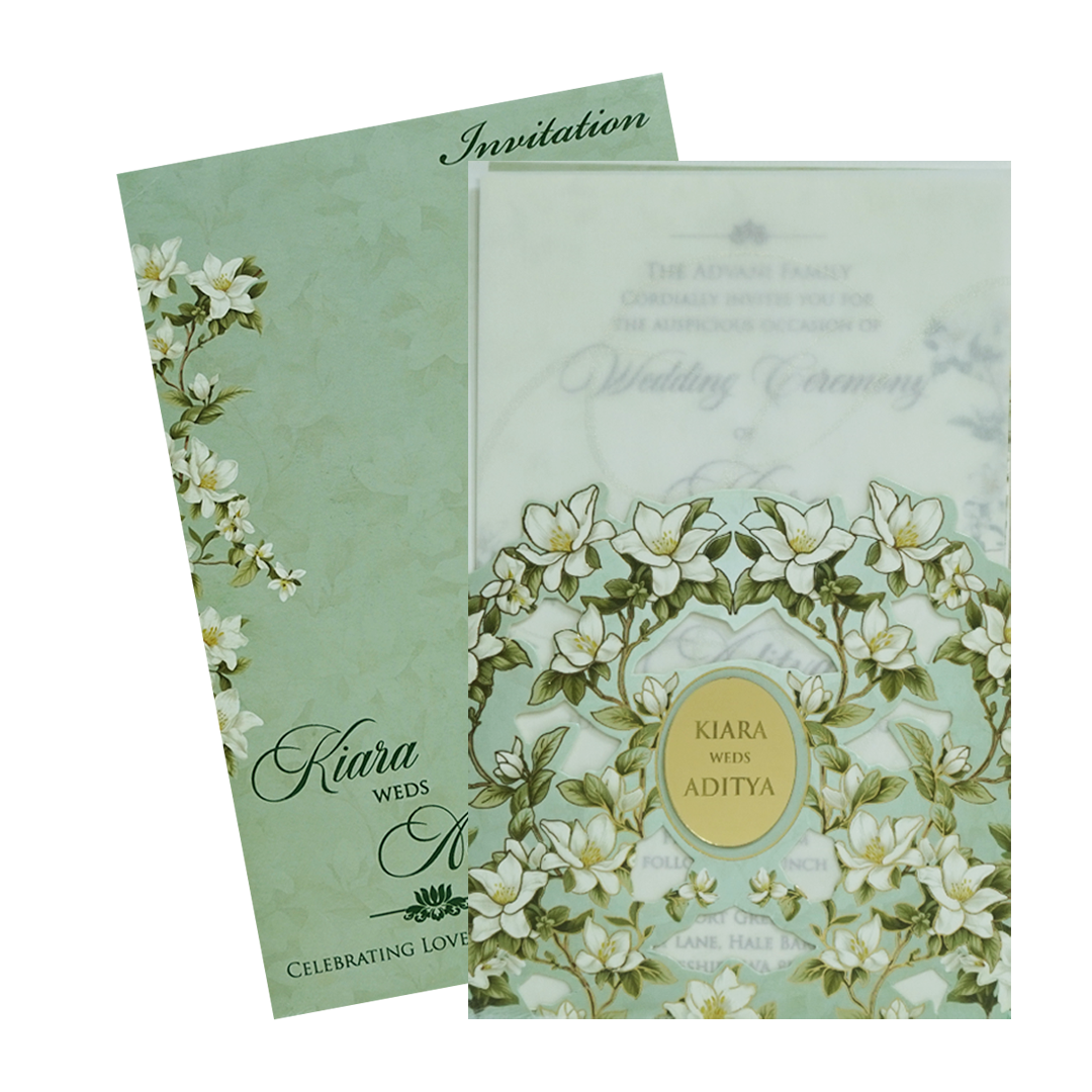 Green Magnolia Floral Laser-Cut Wedding Card-KFR15240