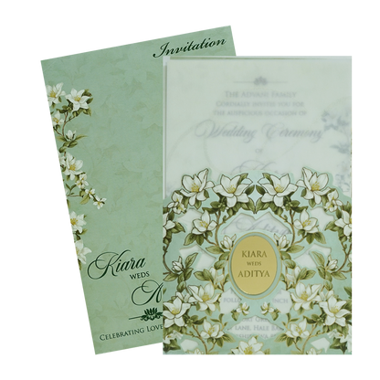 Green Magnolia Floral Laser-Cut Wedding Card-KFR15240