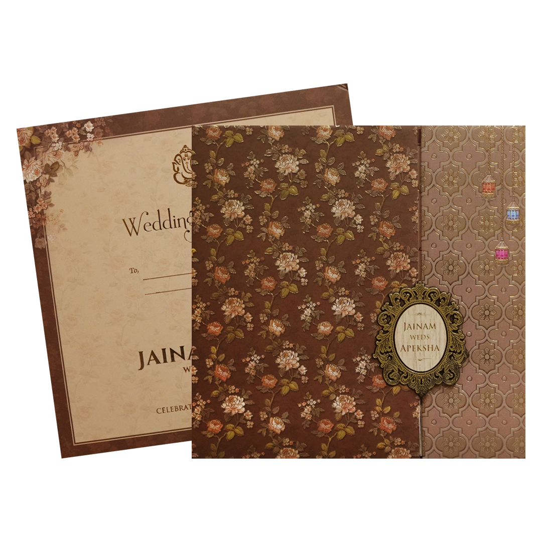 Brown Gold Floral Padded Wedding Card - KSH72850