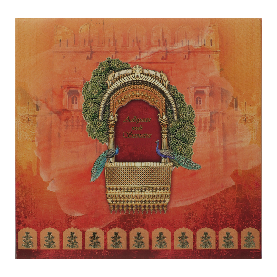Orange Padded Peacock Palace Wedding Card-KRC31490