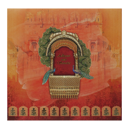 Orange Padded Peacock Palace Wedding Card-KRC31490