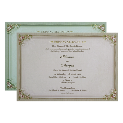 Classic Green Ornate Floral Padded Wedding Card-KMMWD1141