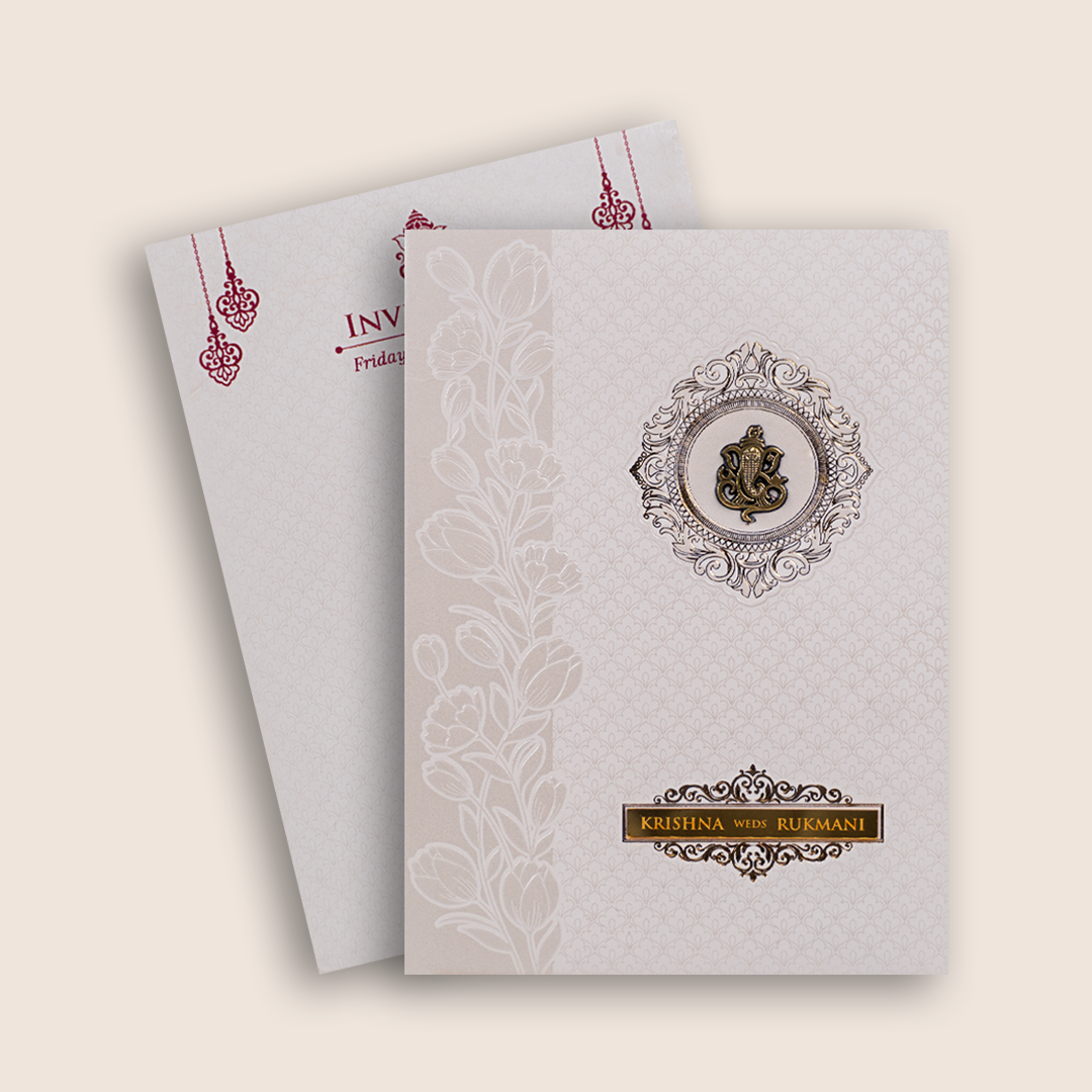 White Embossed Floral Wedding Invitation Card - KJTS1957