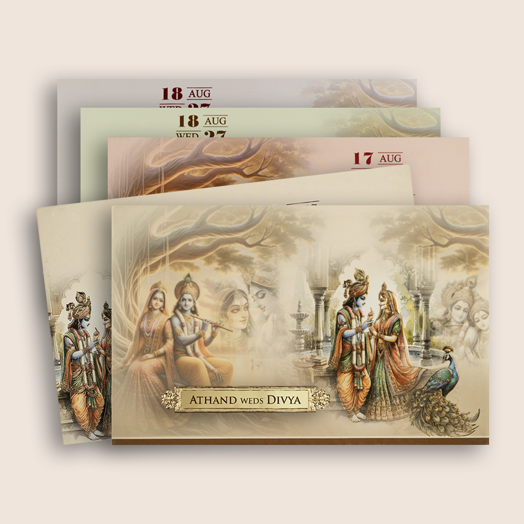 Beige Lord Radha Krishna Floral Padded Invitation Card - KPR024900