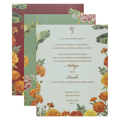 Green Marigold Floral Wedding Card - KBM05100